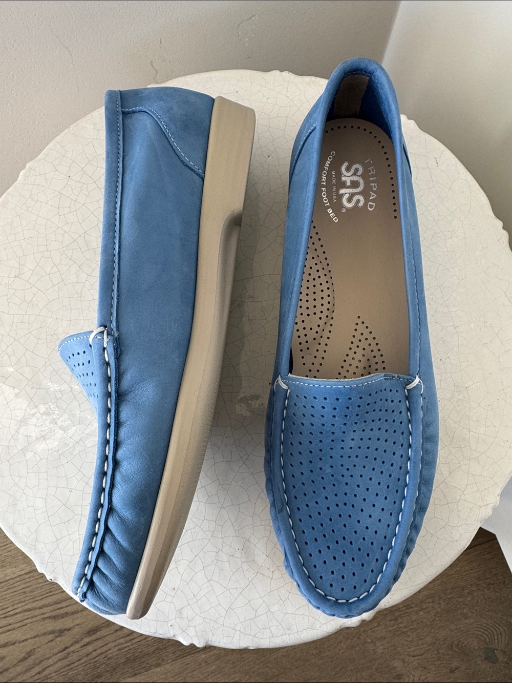SAS TRIPAD Blue Leather Perforated Slip-On Loafers Comfortable USA Women’s Sz 9